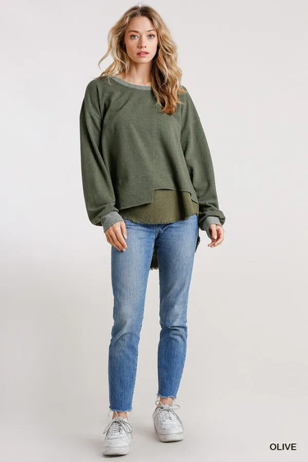 Layered Frayed Hem Top, Olive