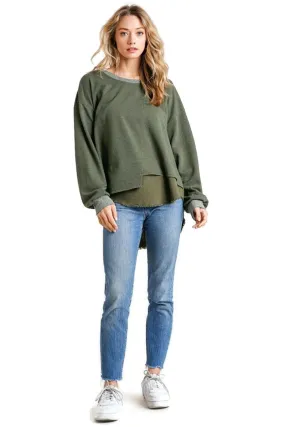 Layered Frayed Hem Top, Olive