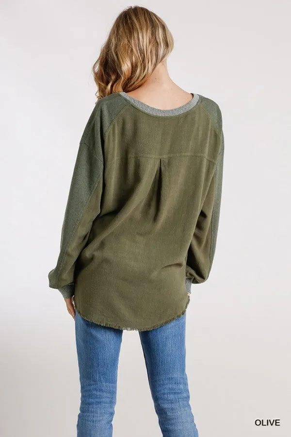 Layered Frayed Hem Top, Olive