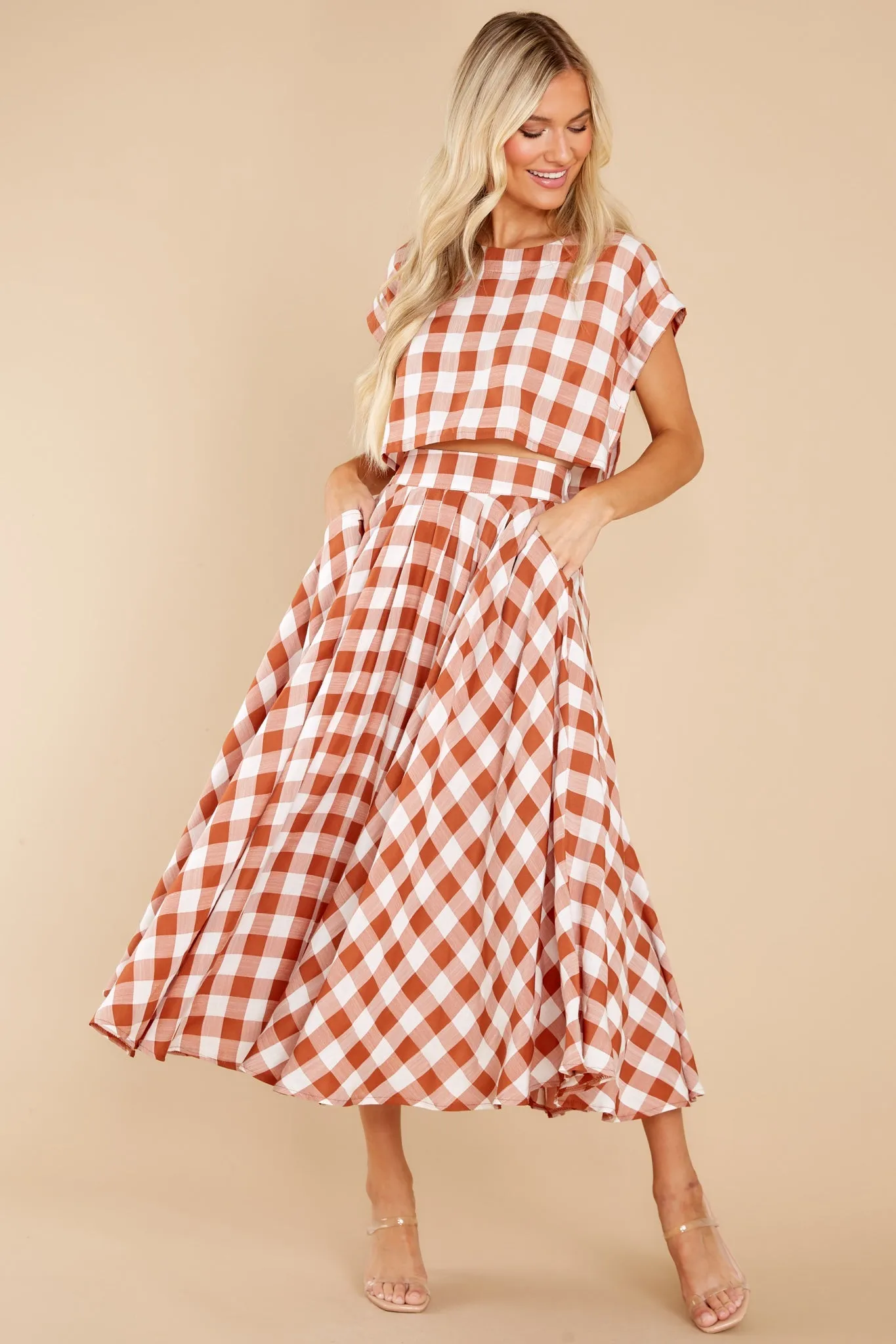 Leaps Of Time Rust Gingham Two Piece Set