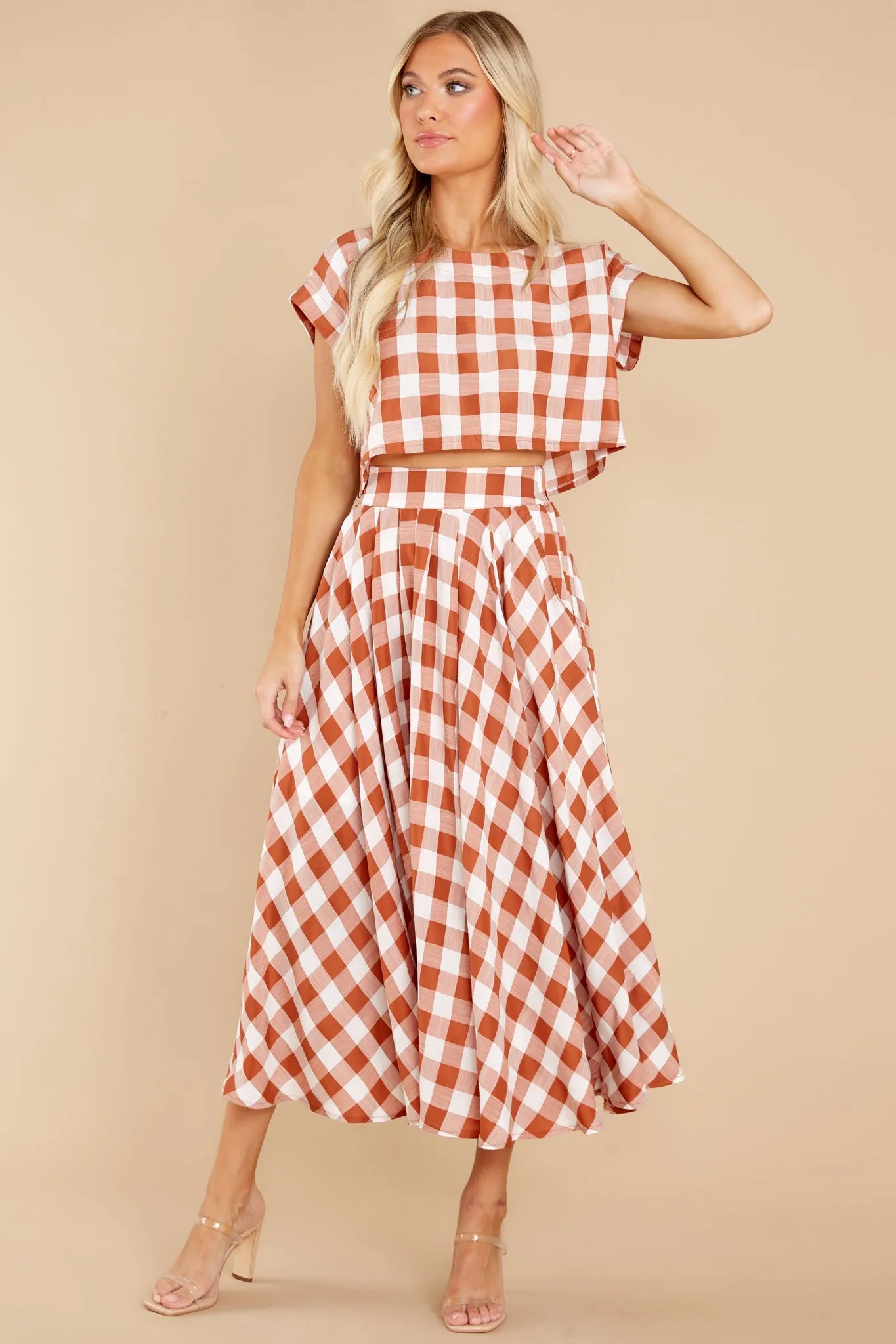 Leaps Of Time Rust Gingham Two Piece Set