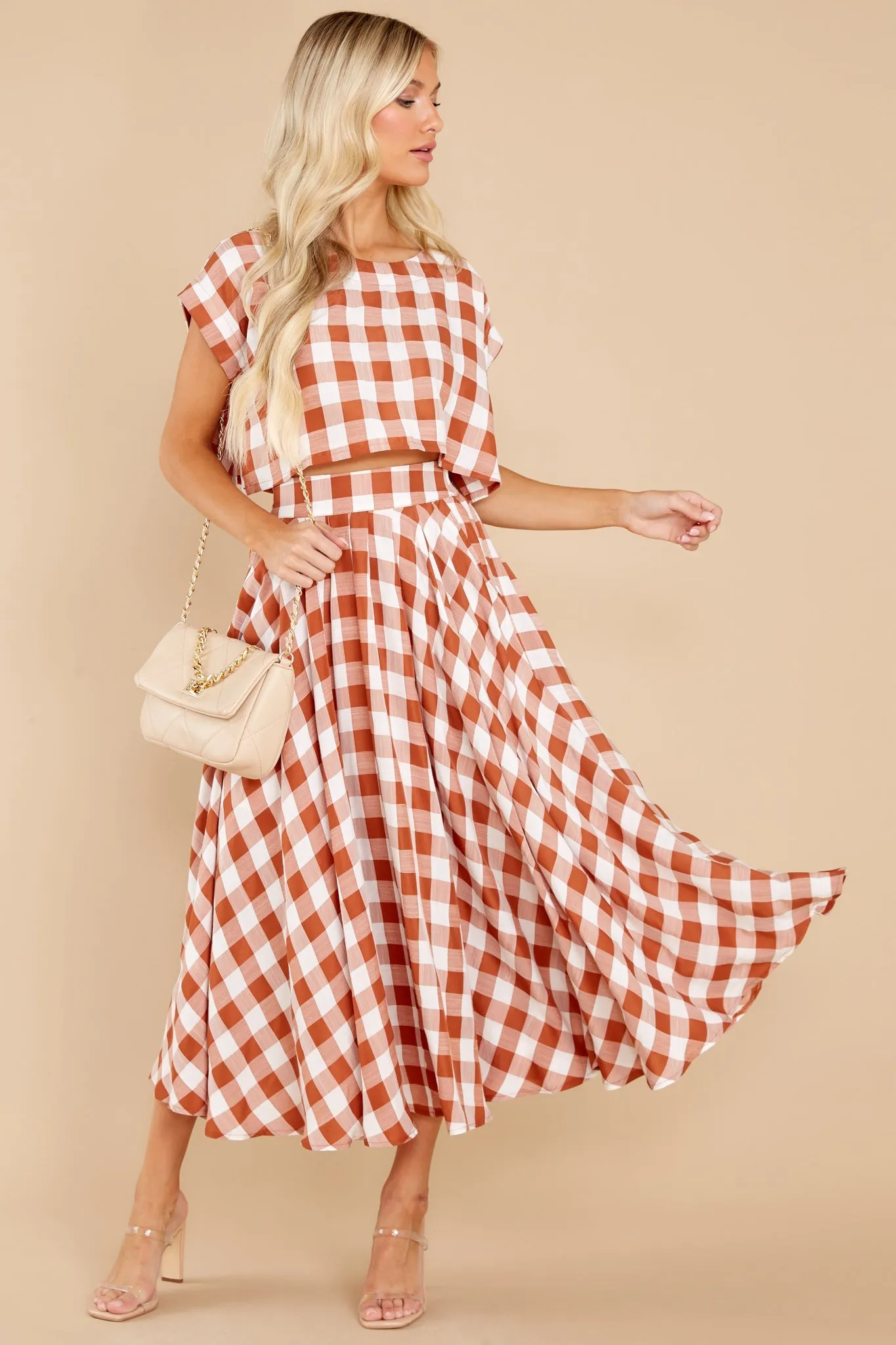 Leaps Of Time Rust Gingham Two Piece Set