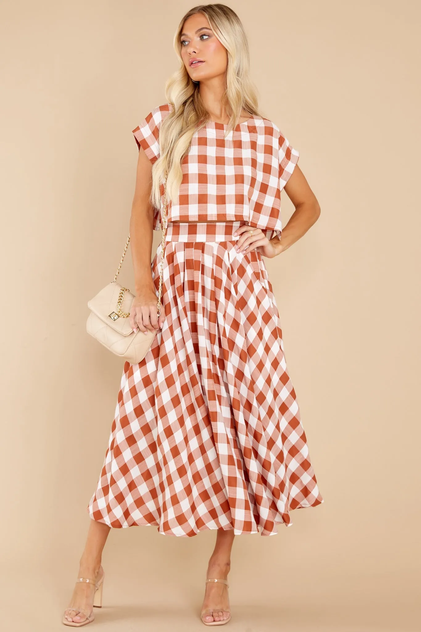 Leaps Of Time Rust Gingham Two Piece Set