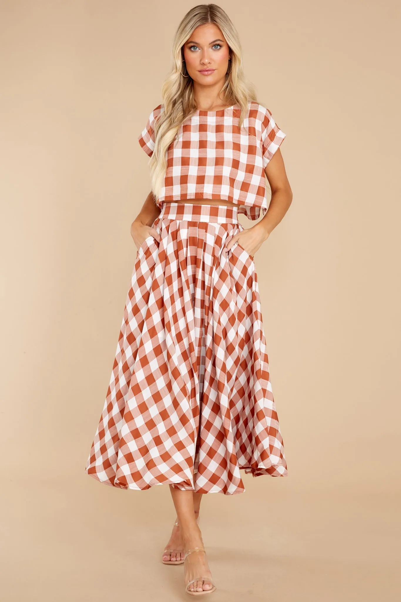 Leaps Of Time Rust Gingham Two Piece Set