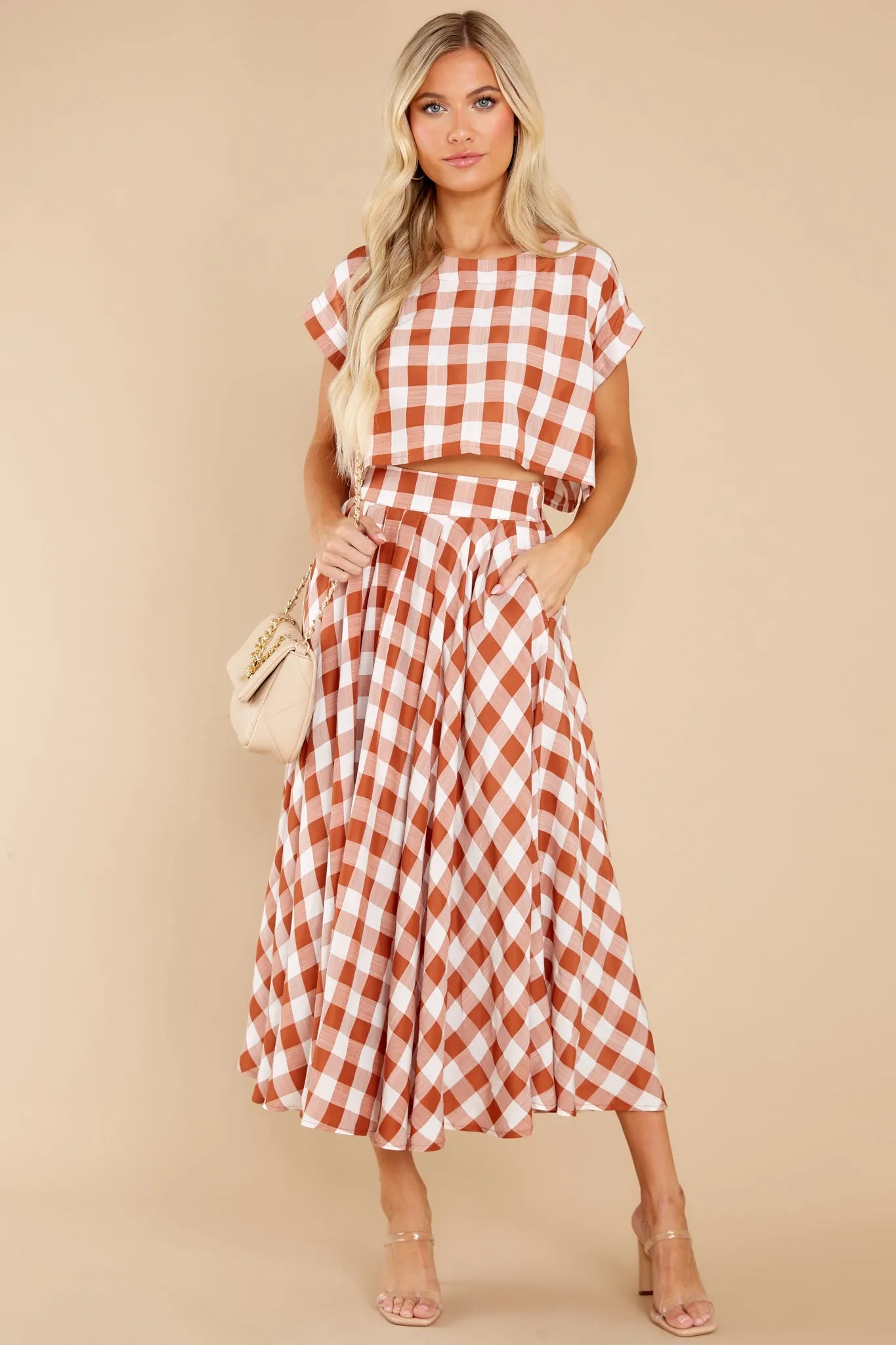 Leaps Of Time Rust Gingham Two Piece Set