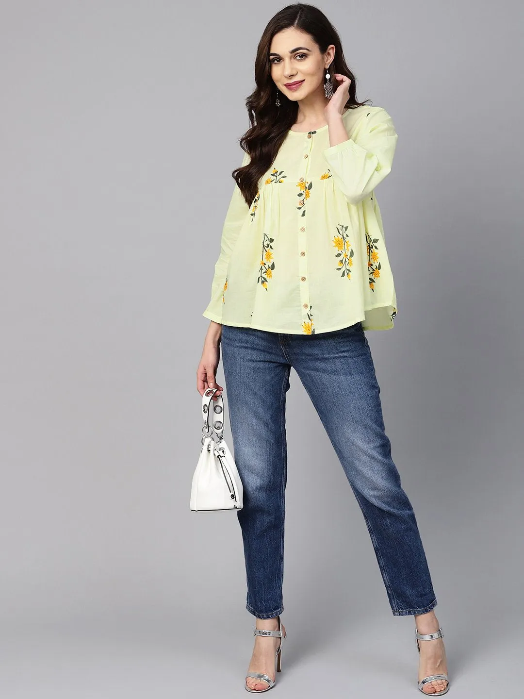 Lemon Yellow Color Floral Printed Tunic