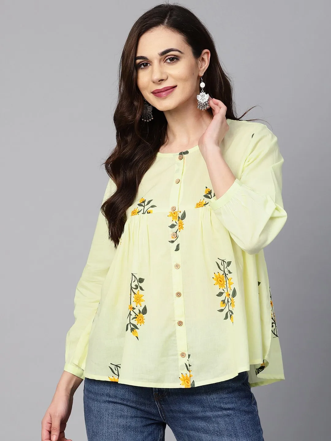 Lemon Yellow Color Floral Printed Tunic