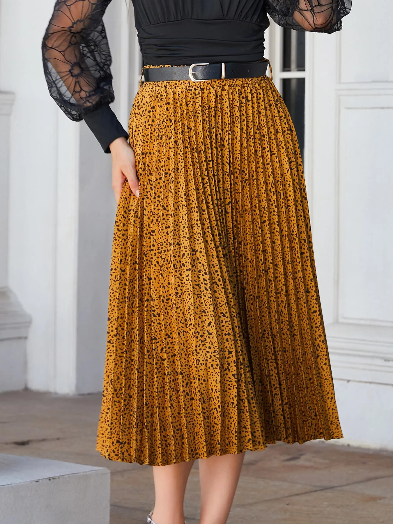 Leopard Print Pleated Midi Skirt