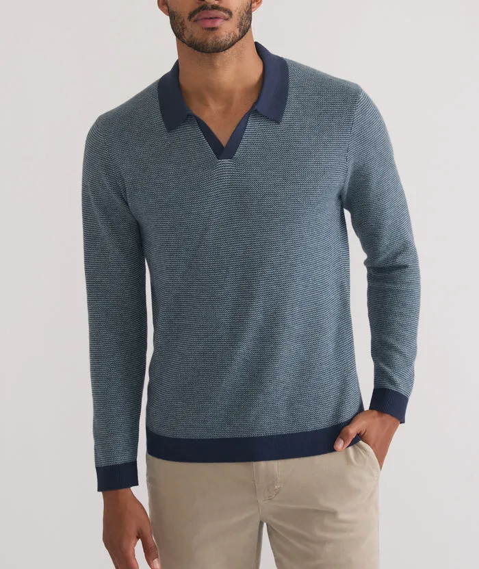 Liam Long Sleeve Sweater Polo in Navy/Topaz