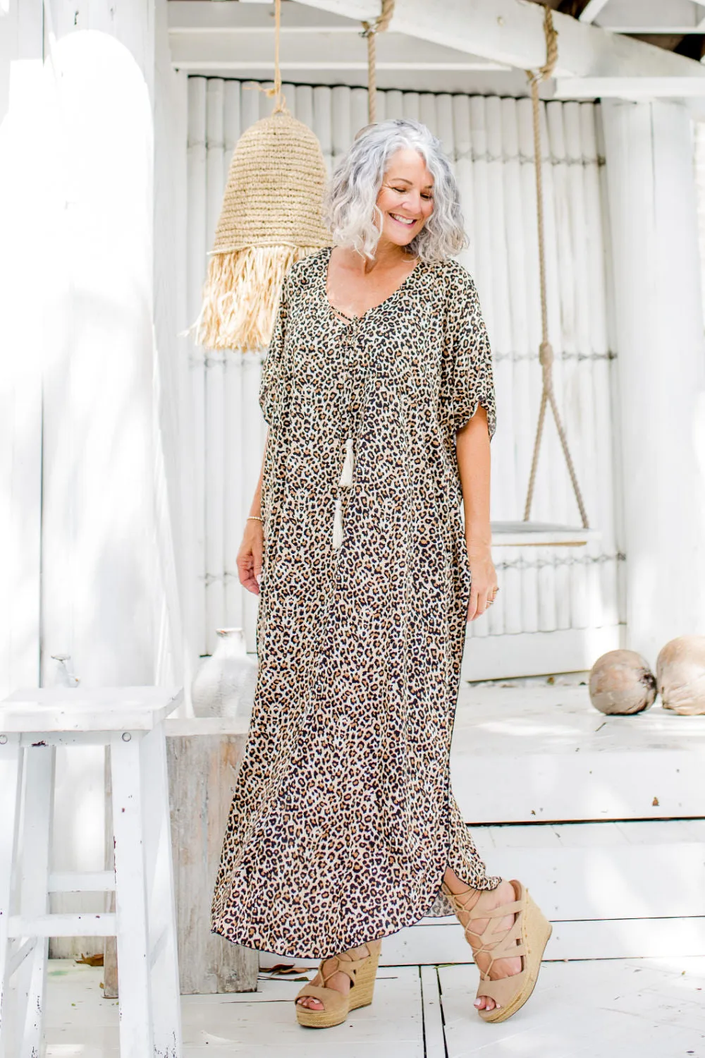 Long Kaftan Dress - Leopard Print