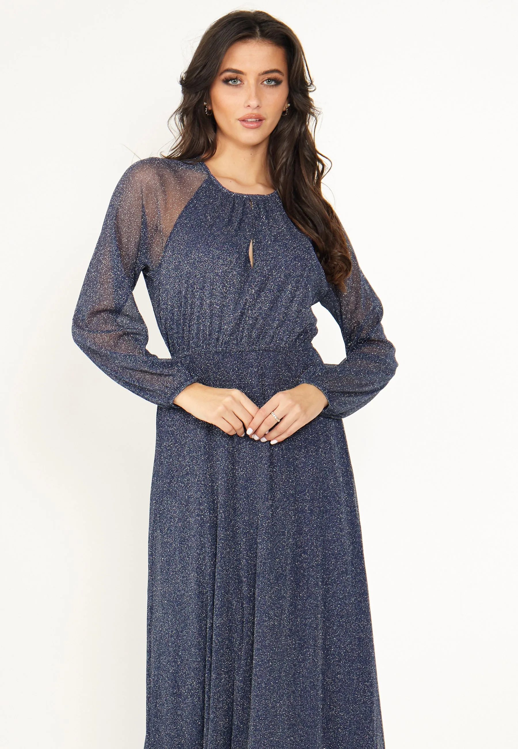 Long Sleeve Chiffon Maxi Dress Gold Lurex Flecking in Blue