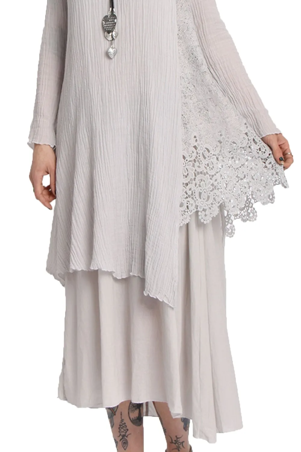 Long Sleeve Double Layer Maxi Pleat Dress With Crochet Lace Insert