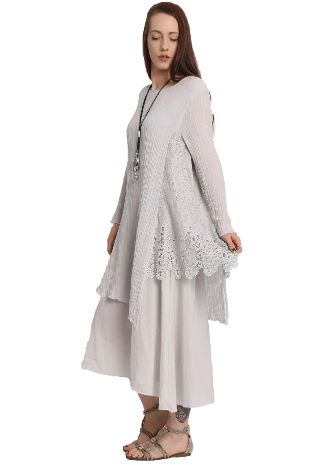 Long Sleeve Double Layer Maxi Pleat Dress With Crochet Lace Insert