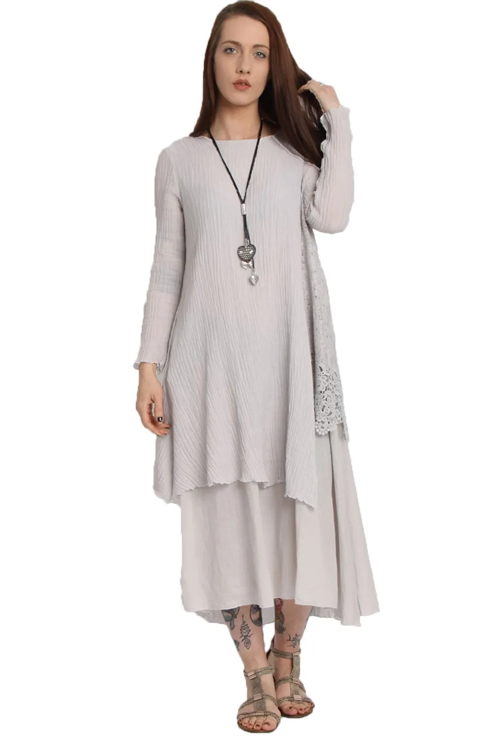 Long Sleeve Double Layer Maxi Pleat Dress With Crochet Lace Insert