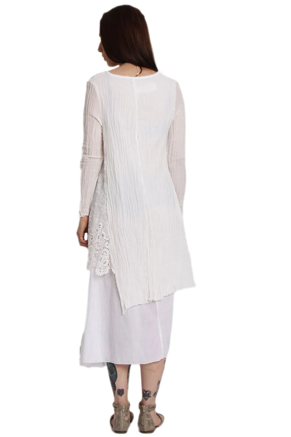 Long Sleeve Double Layer Maxi Pleat Dress With Crochet Lace Insert