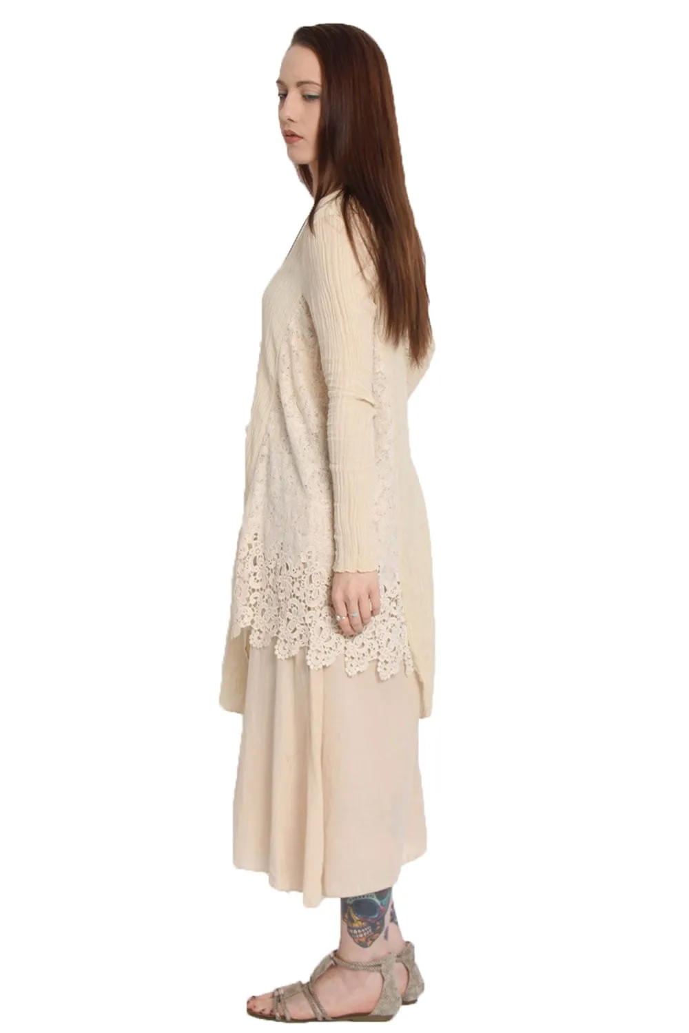 Long Sleeve Double Layer Maxi Pleat Dress With Crochet Lace Insert