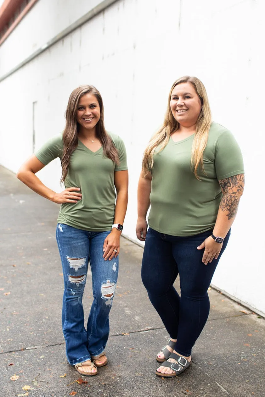 Lt Olive Basic Vneck Tee (SM-3X)