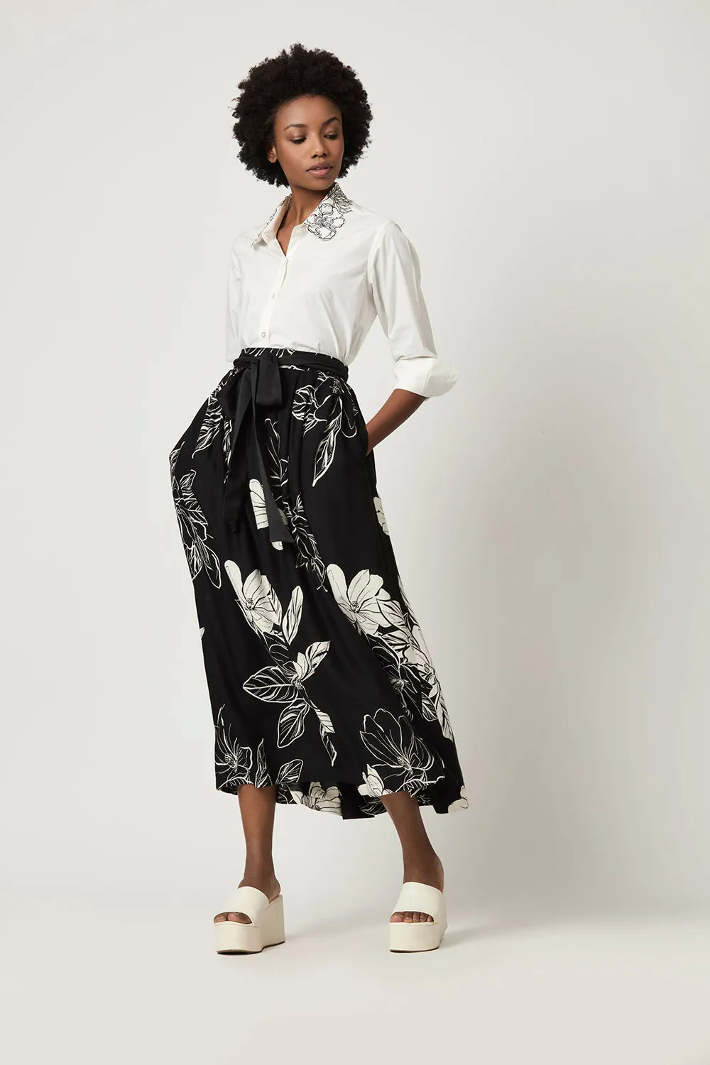 Luna Embroidered Collar Shirt With Black Over Printed Skirt (Set)