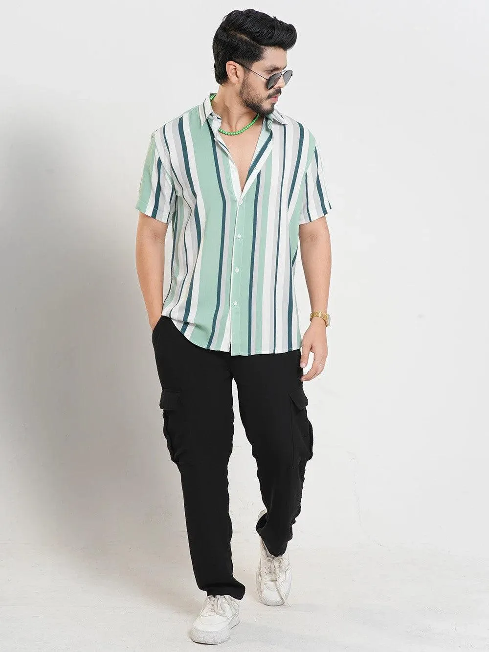 Men's Aqua Pearl Stripe Short Sleeve Shirt