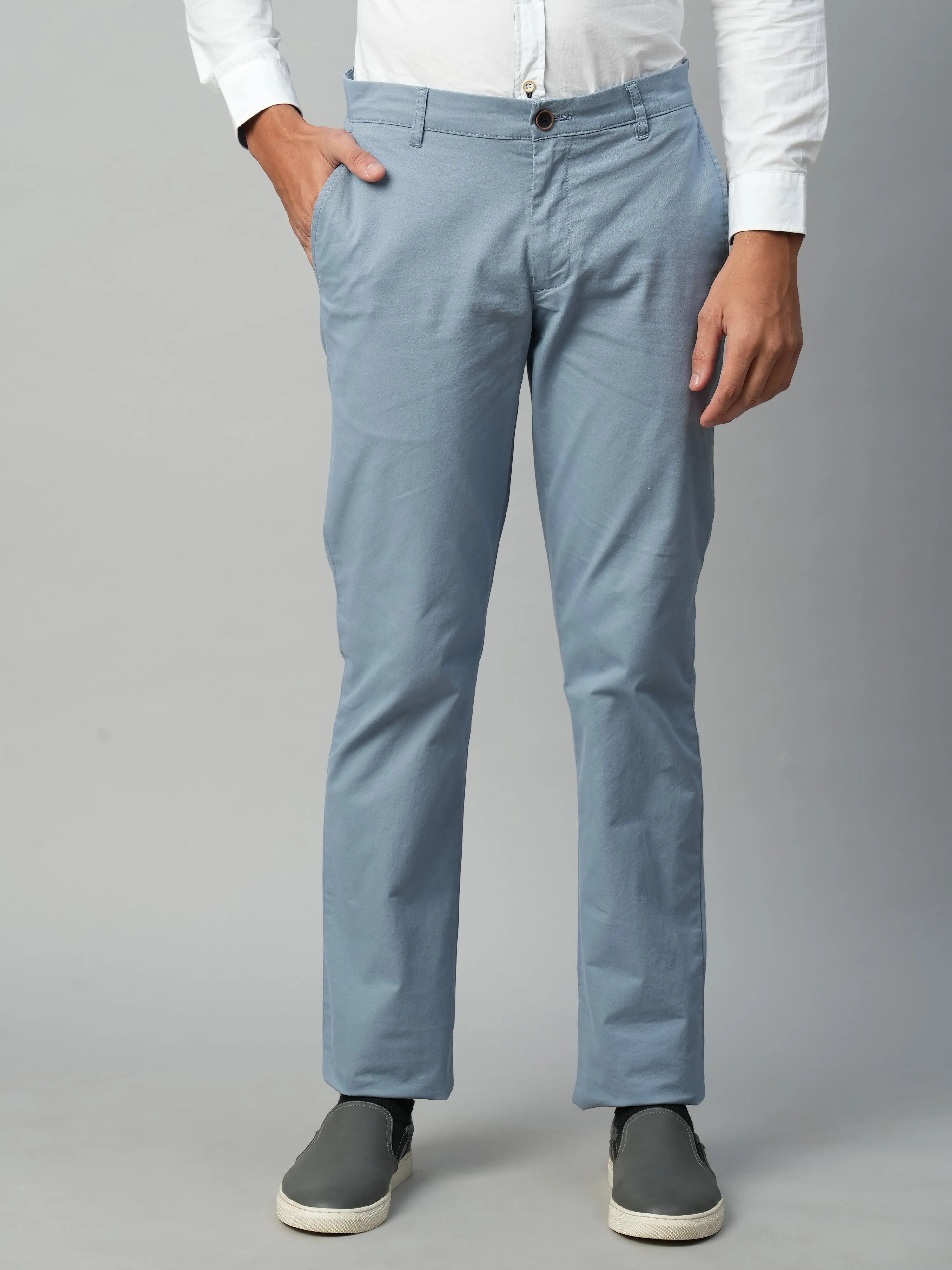 Men's Greyish Blue Cotton Lycra Regular Fit Pant