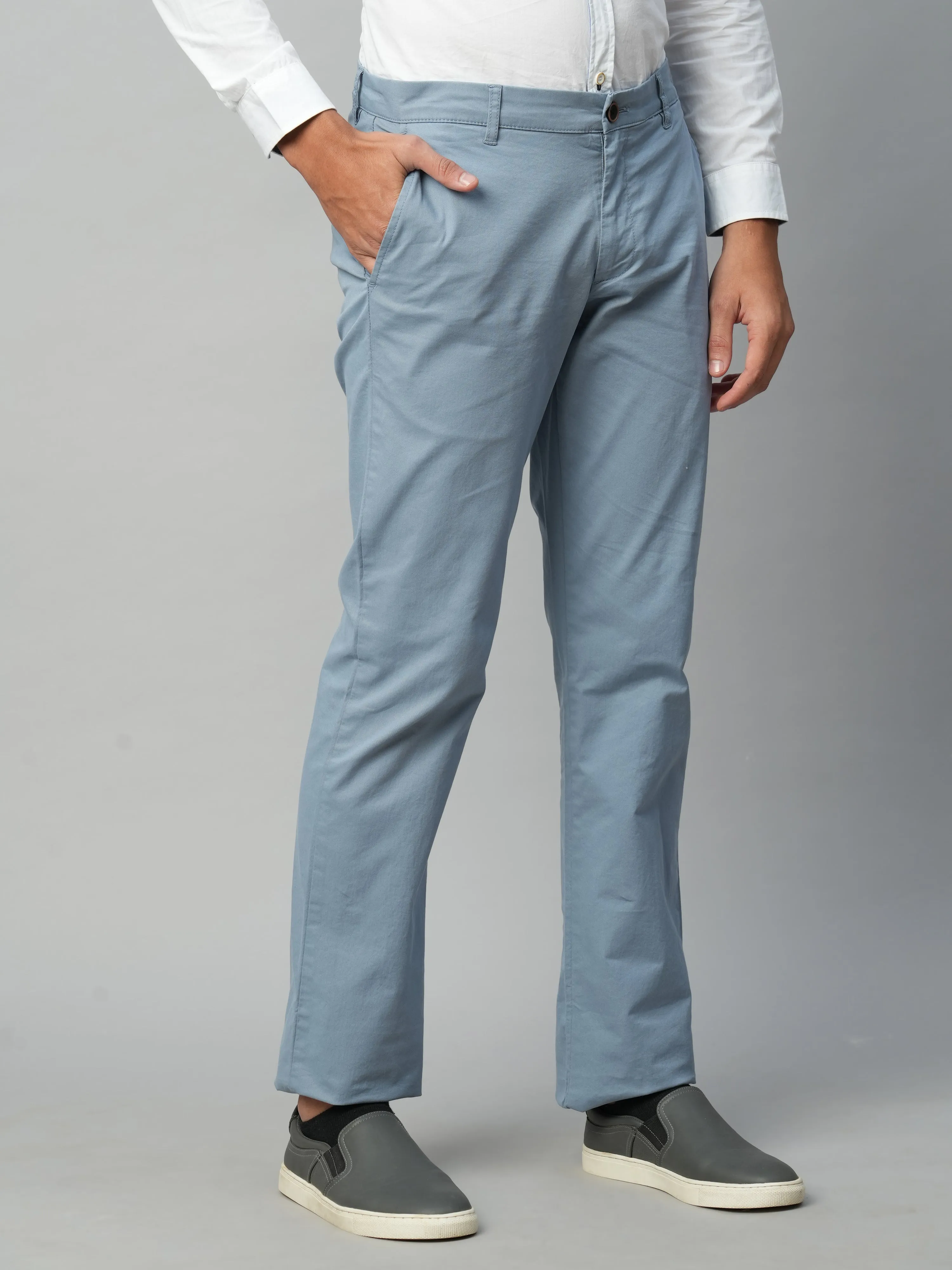 Men's Greyish Blue Cotton Lycra Regular Fit Pant