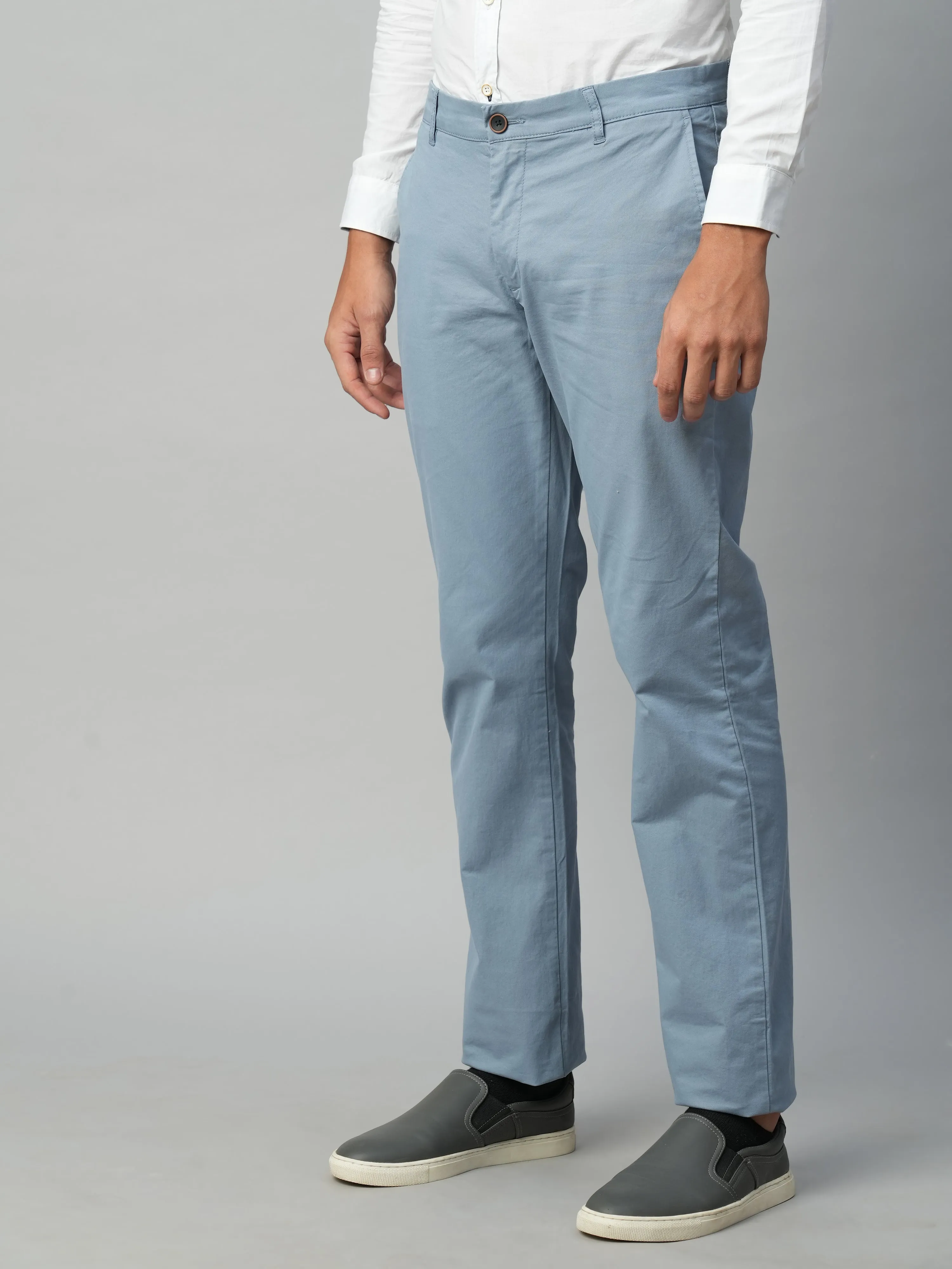 Men's Greyish Blue Cotton Lycra Regular Fit Pant