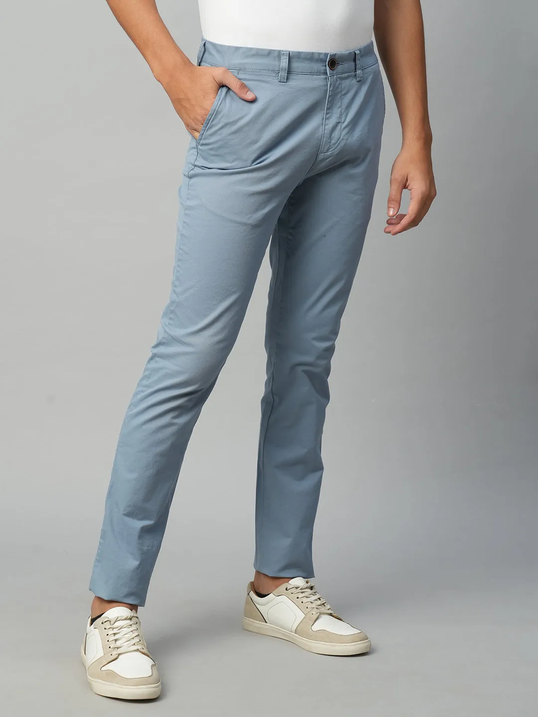 Men's Greyish Blue Cotton Lycra Slim Fit Pant