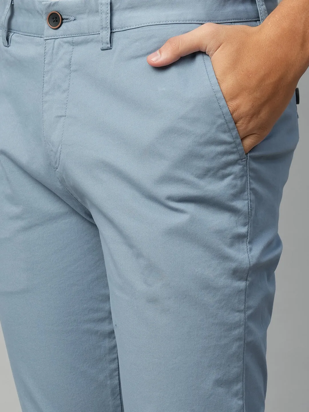 Men's Greyish Blue Cotton Lycra Slim Fit Pant