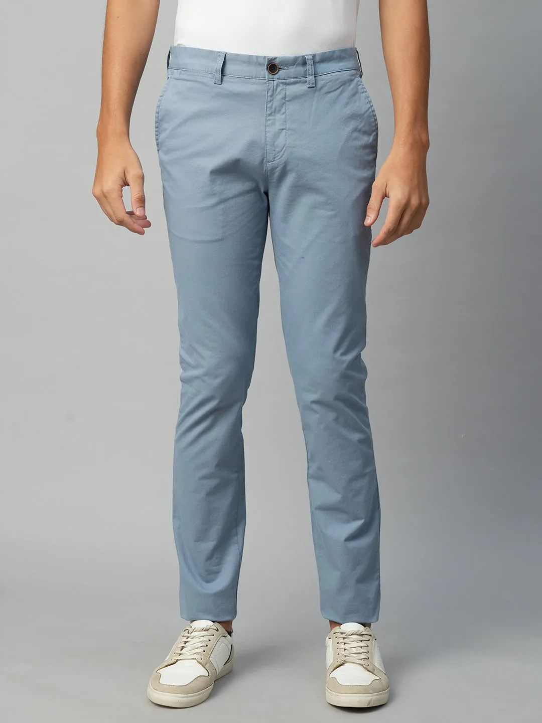 Men's Greyish Blue Cotton Lycra Slim Fit Pant