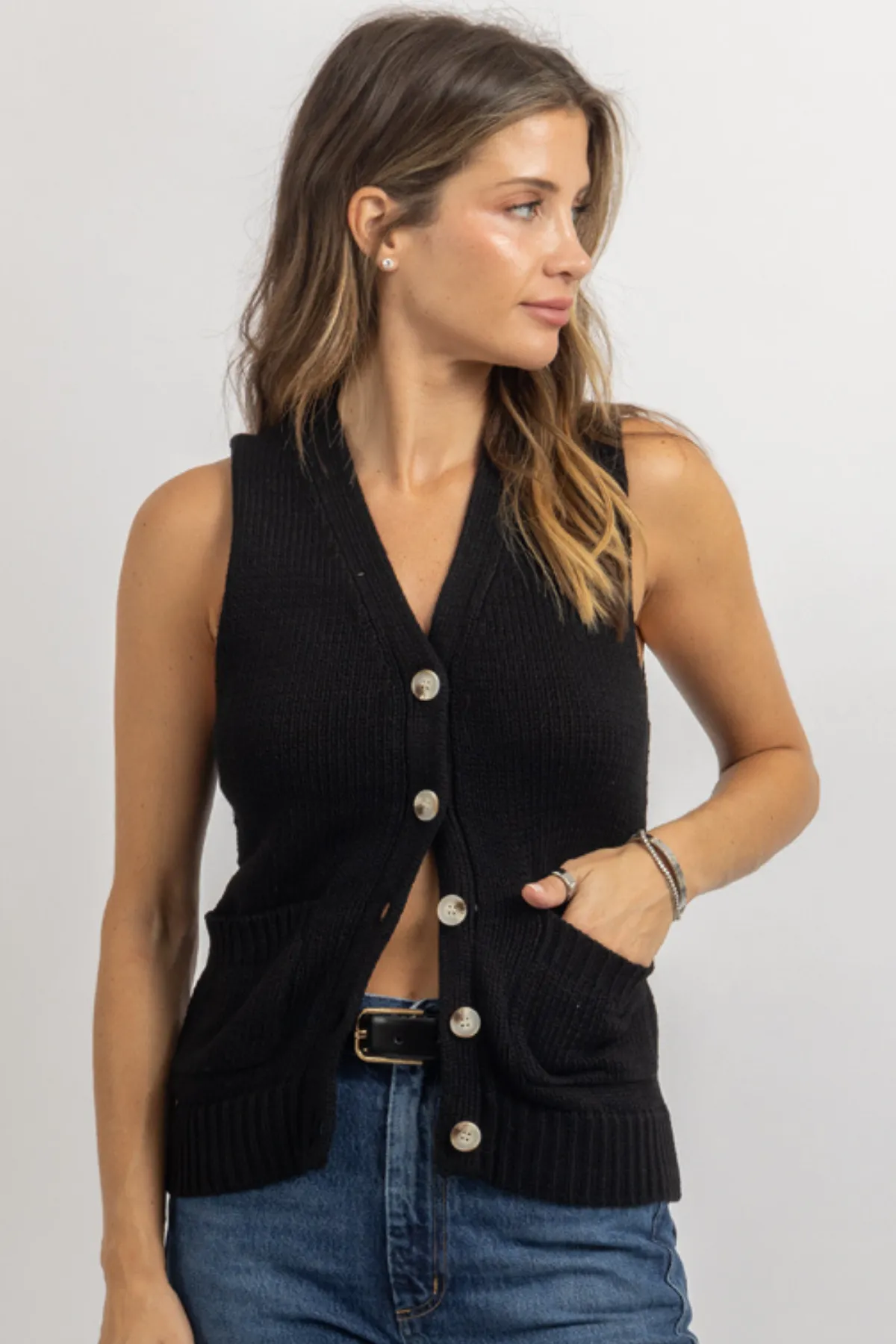 MEREDITH BLACK BUTTON SWEATER VEST