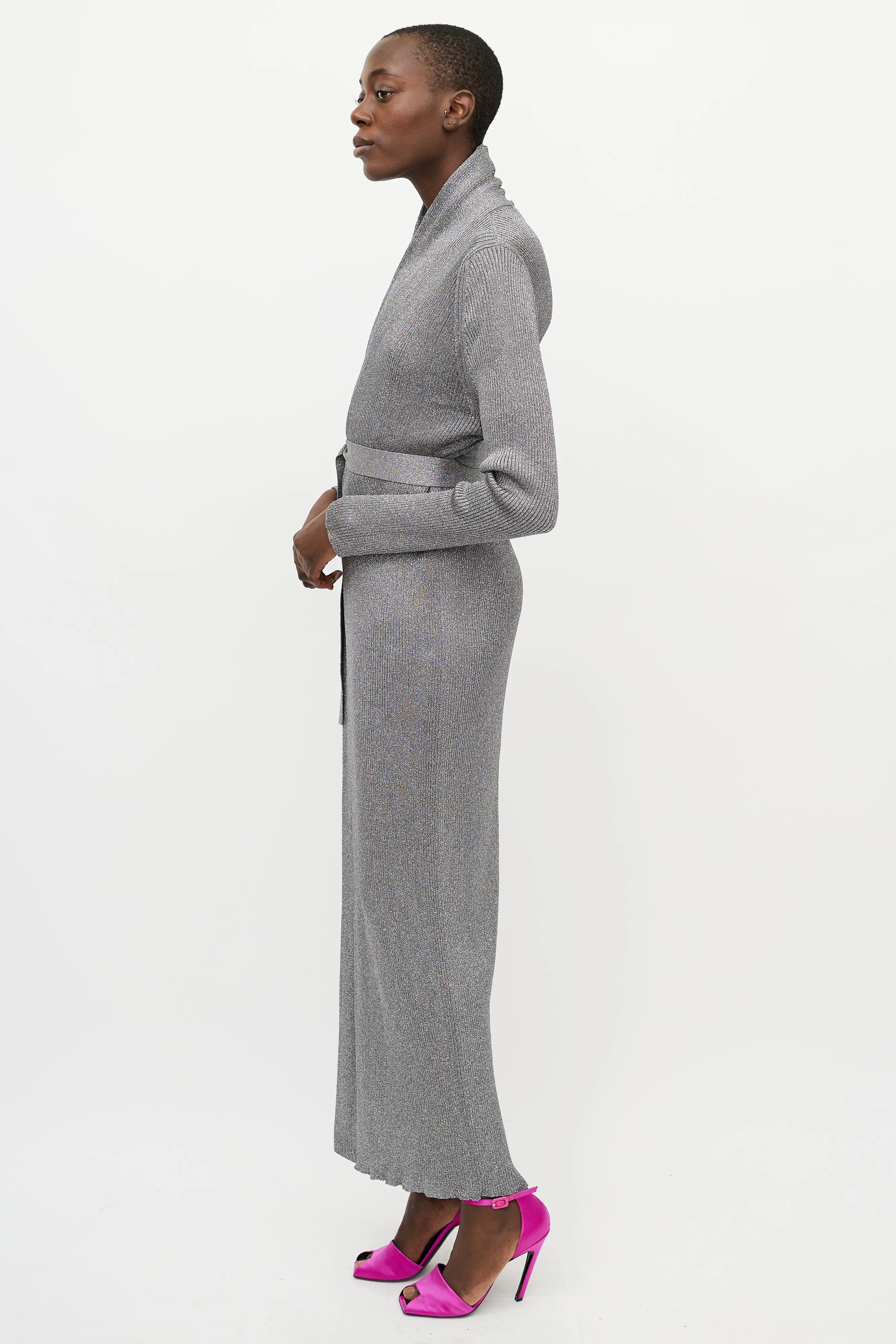 Metallic Silver Ribbed Knit Wrap Dress