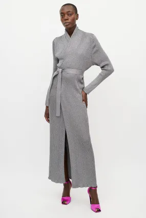 Metallic Silver Ribbed Knit Wrap Dress