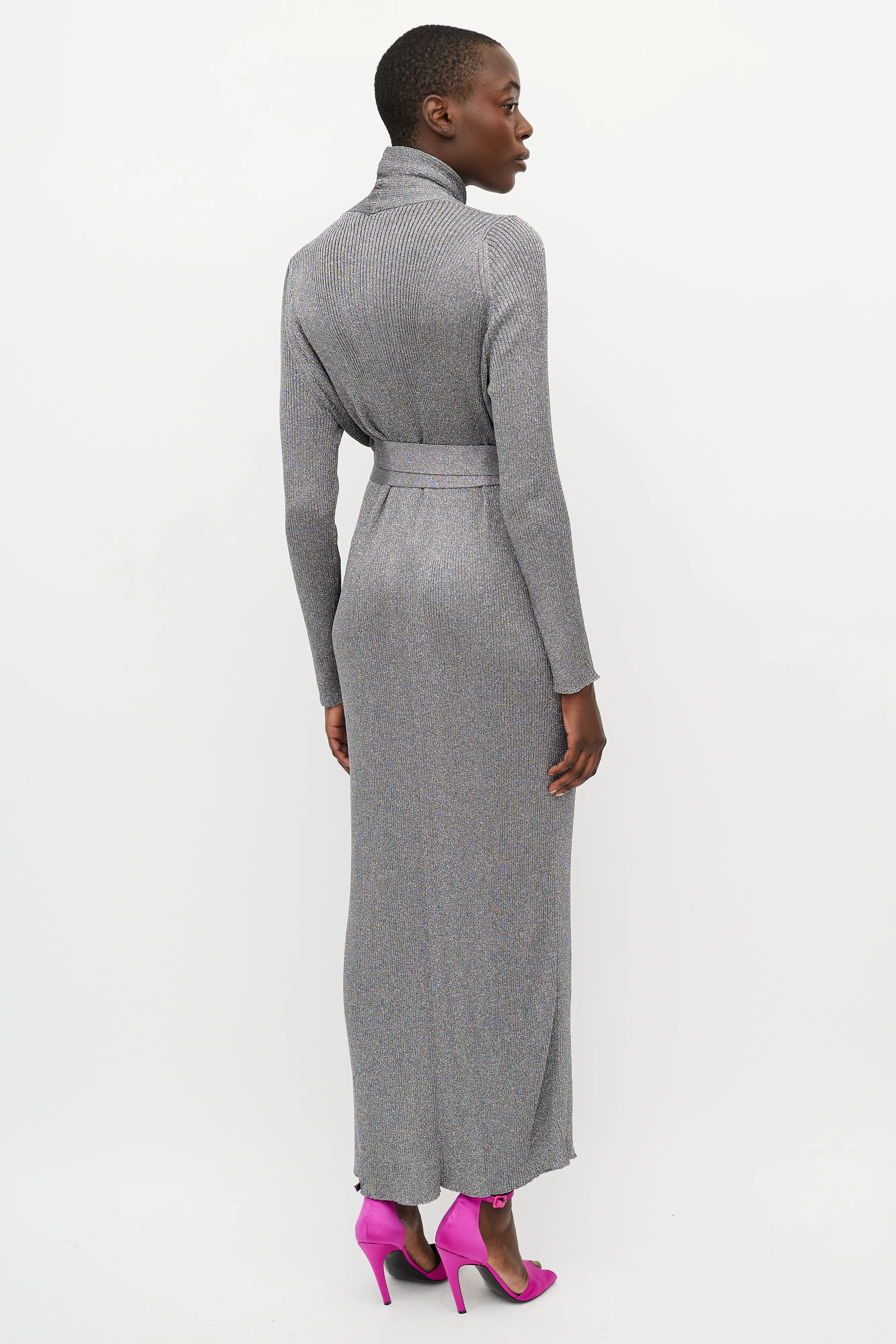 Metallic Silver Ribbed Knit Wrap Dress