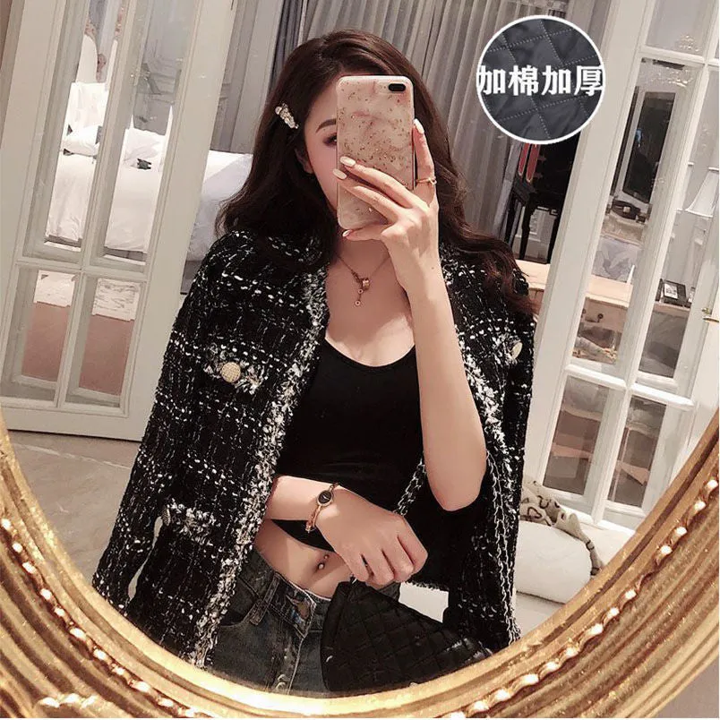 METAVERSMALL small fragrance temperament celebrity rough flower shawl black coat 2023 autumn and winter loose and versatile fashion top