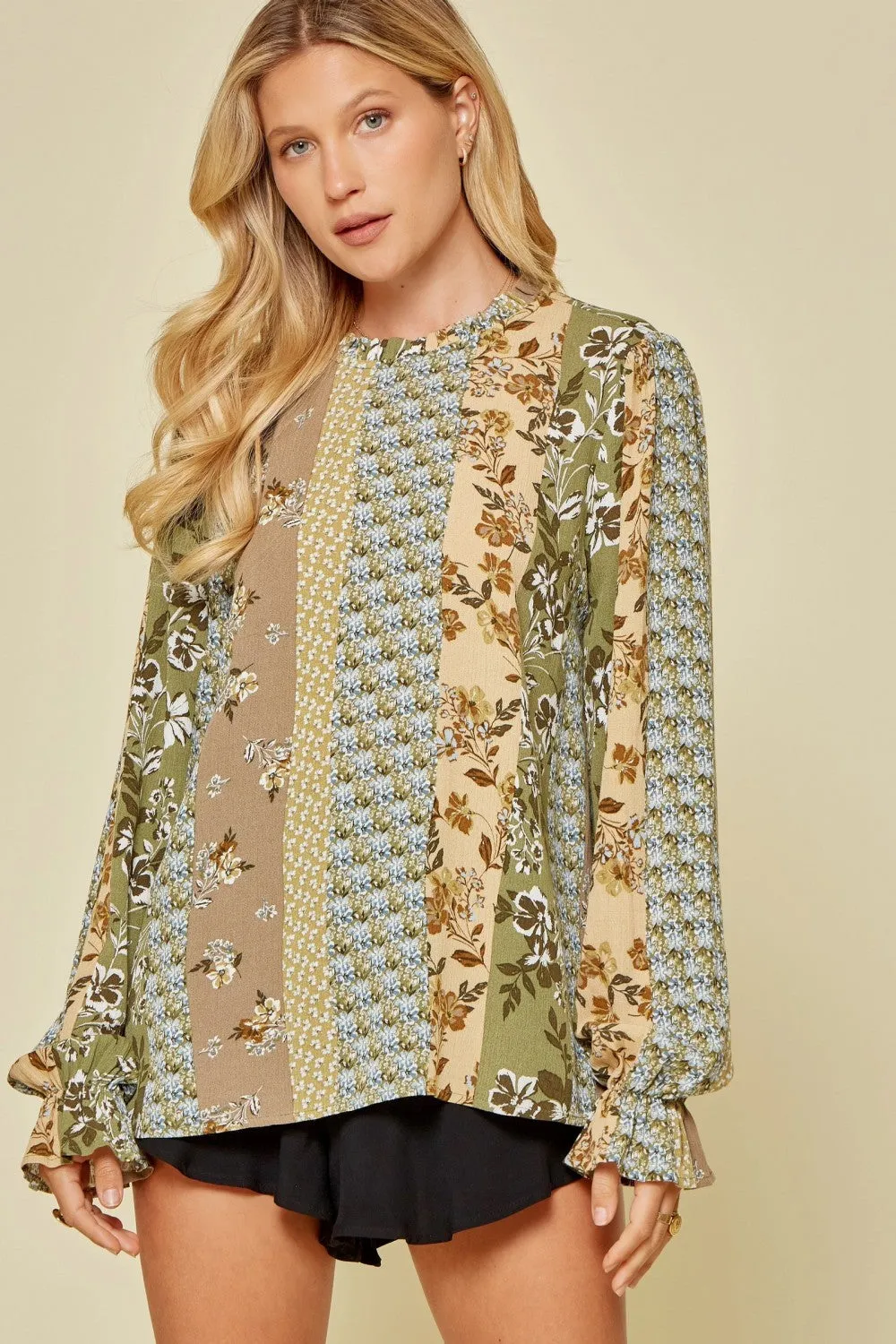 Mixed Floral Ruffle Sleeve Blouse