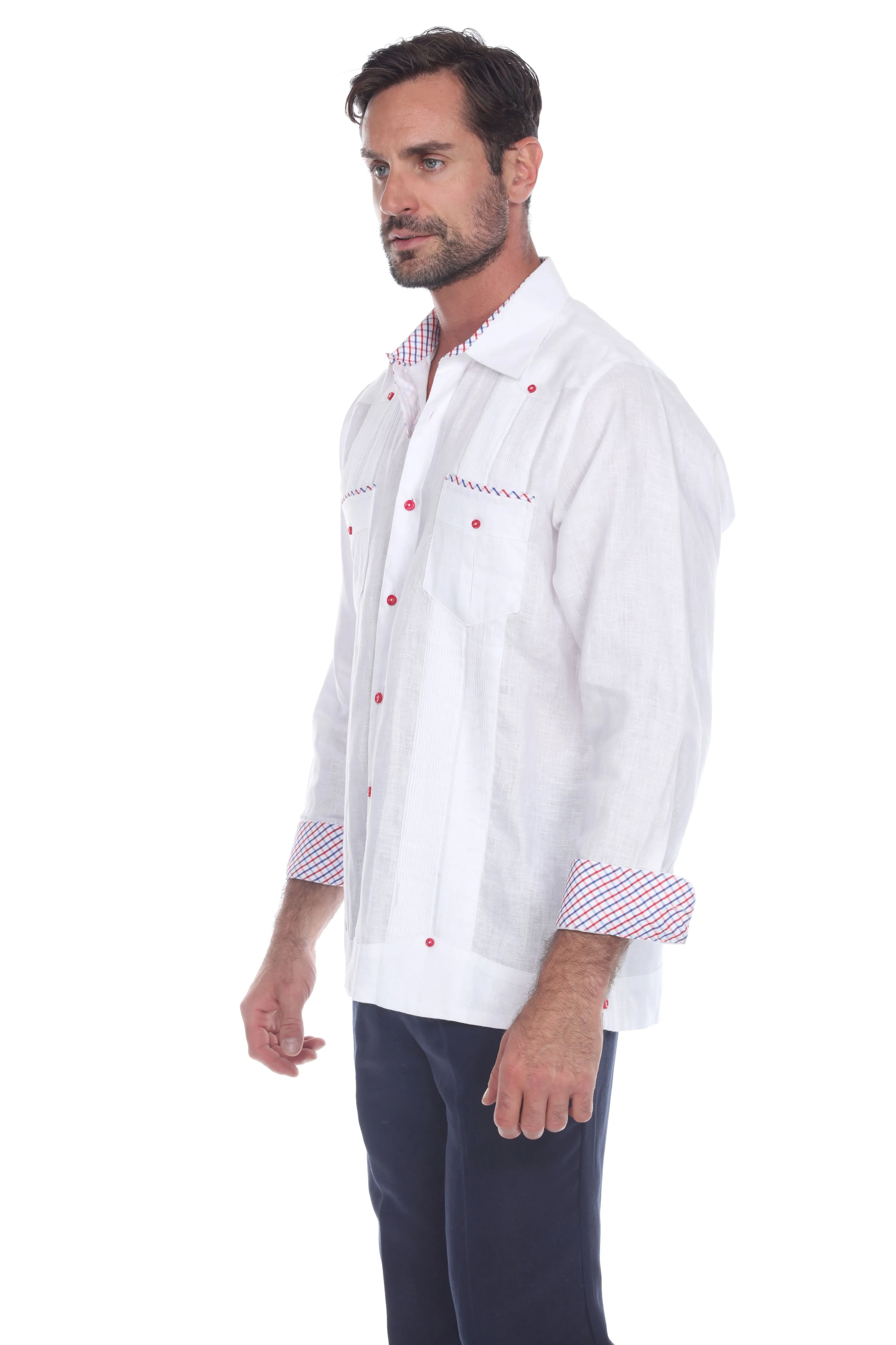 Mojito Men's 100% Linen Guayabera Shirt Long Sleeve Print Trim Accent