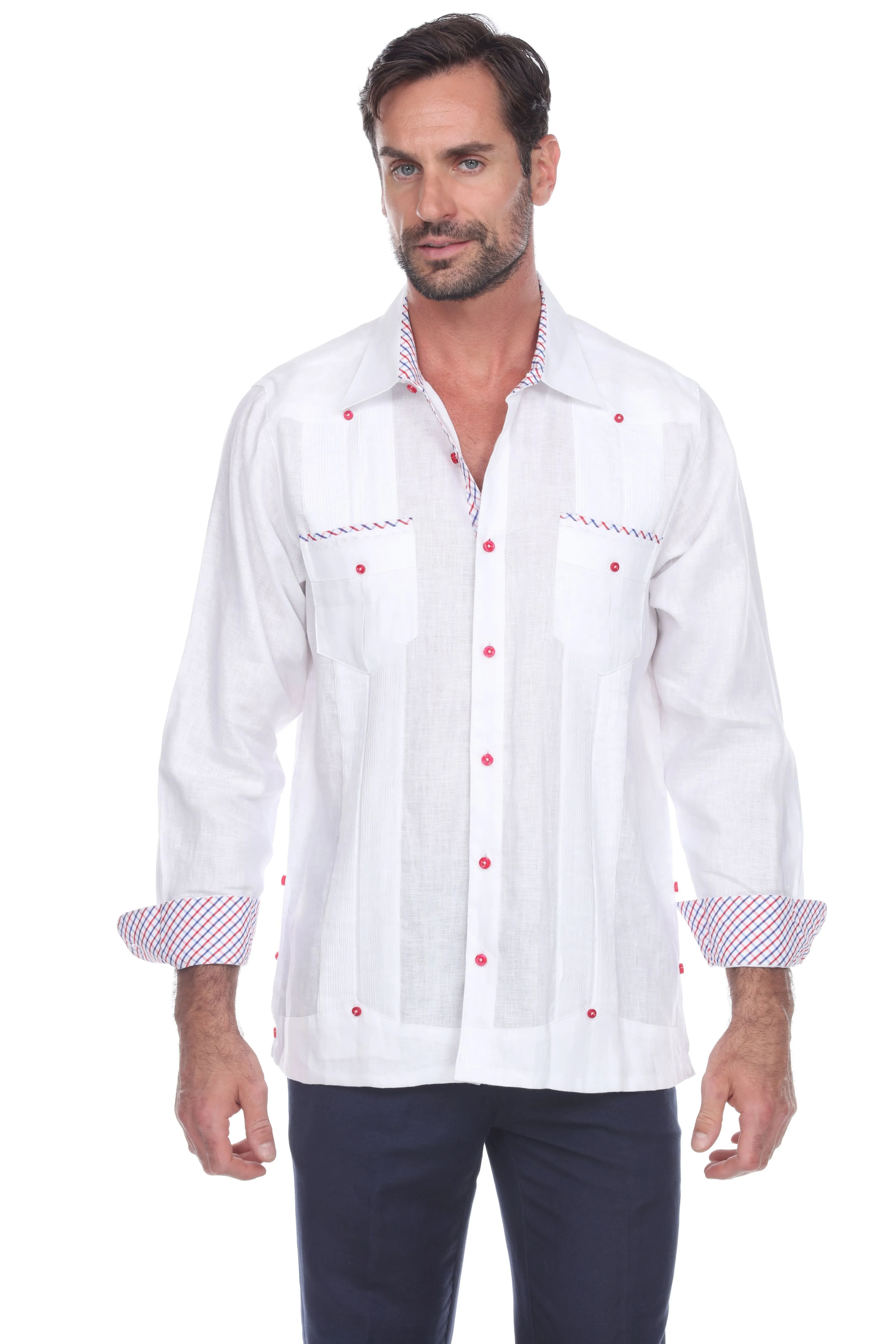 Mojito Men's 100% Linen Guayabera Shirt Long Sleeve Print Trim Accent