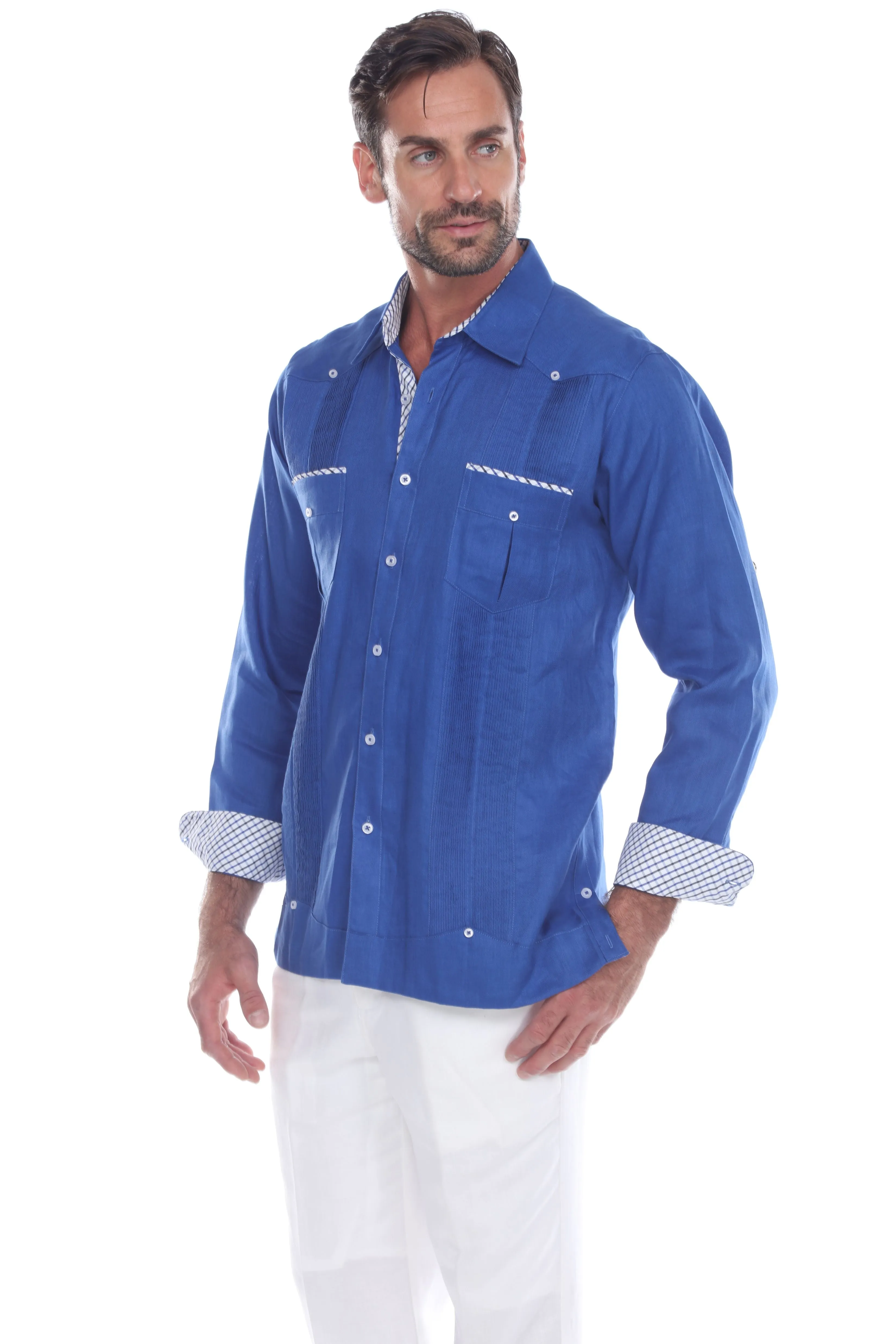 Mojito Men's 100% Linen Guayabera Shirt Long Sleeve Print Trim Accent