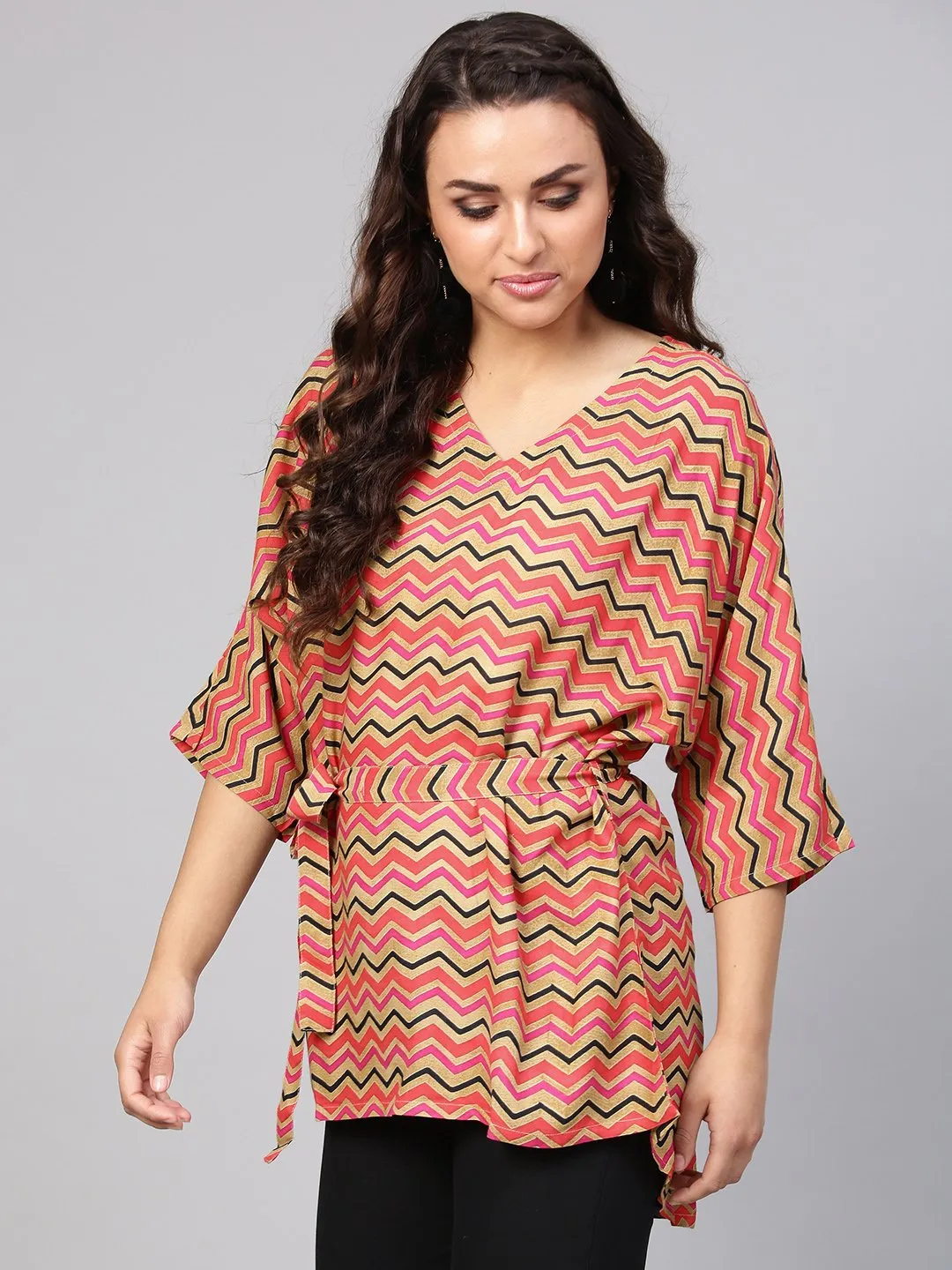 Multi Colored Zig Zac Printed Kimino Style Tunic