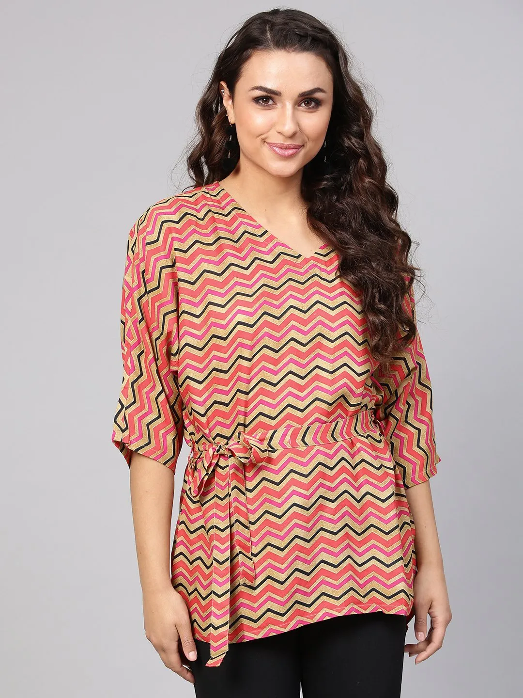 Multi Colored Zig Zac Printed Kimino Style Tunic