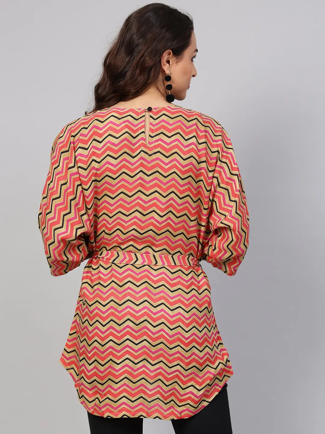 Multi Colored Zig Zac Printed Kimino Style Tunic