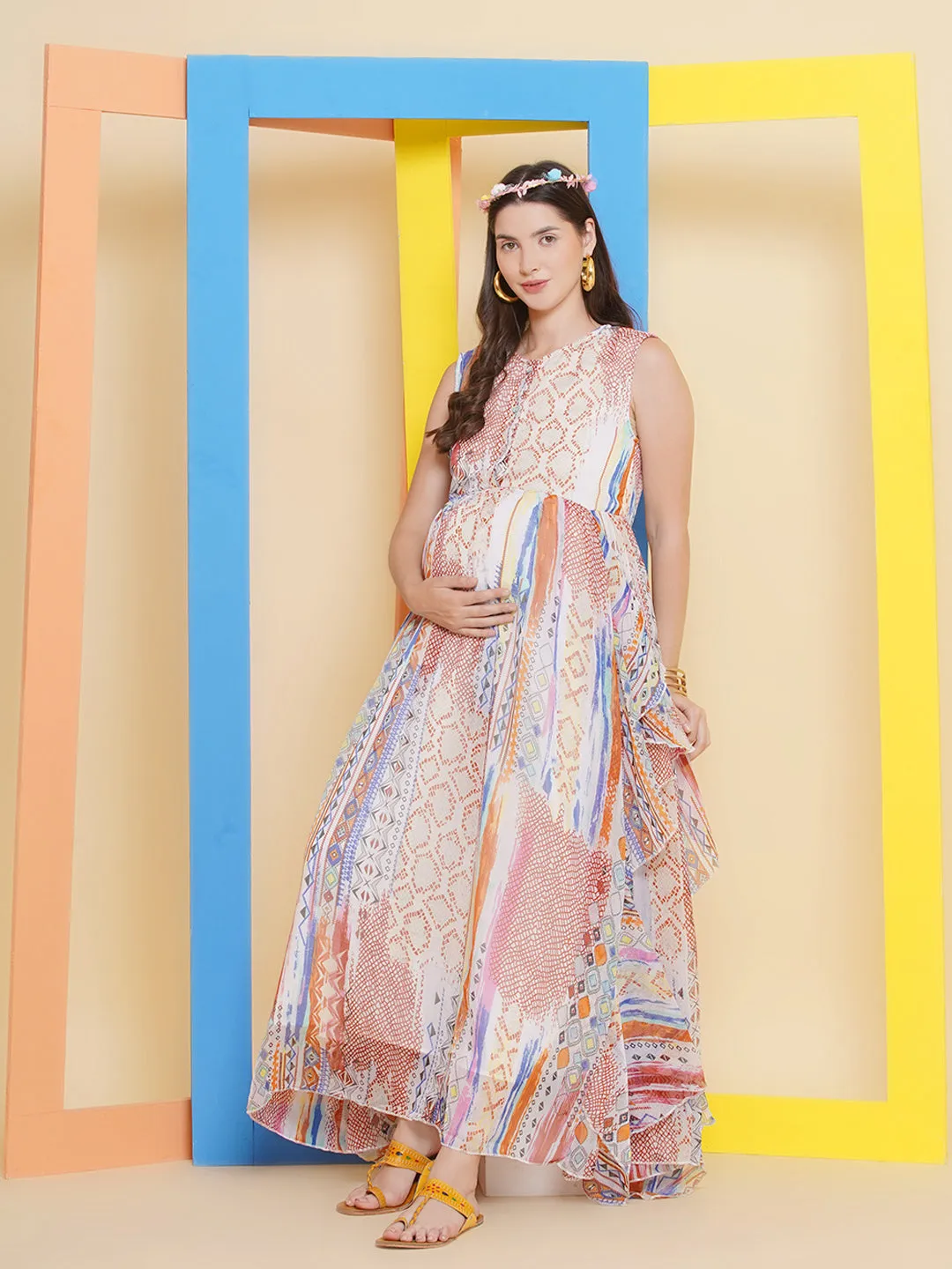 Multicolor Printed Maxi Baby Shower Dress