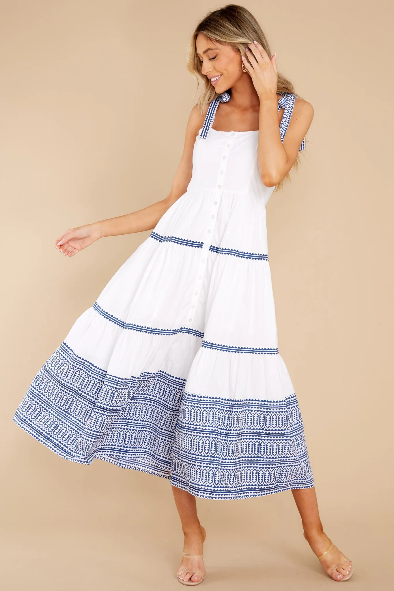 Mykonos Blue Tie Strap Button Front Midi Dress