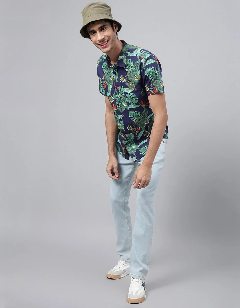 Navy Floral Printed Casual Shirt