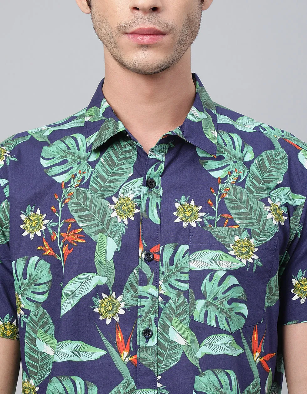 Navy Floral Printed Casual Shirt