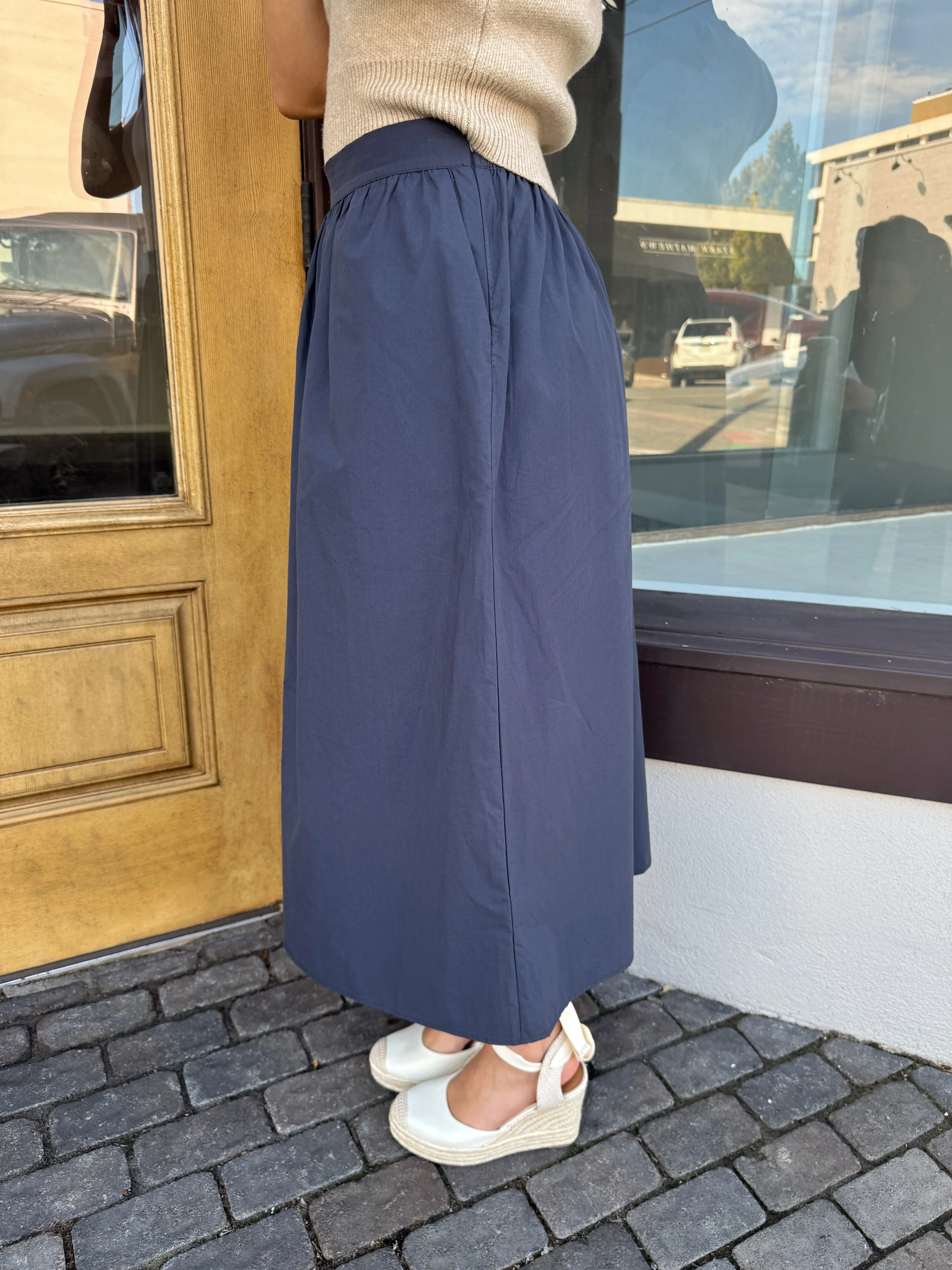 Navy Poplin Midi Skirt