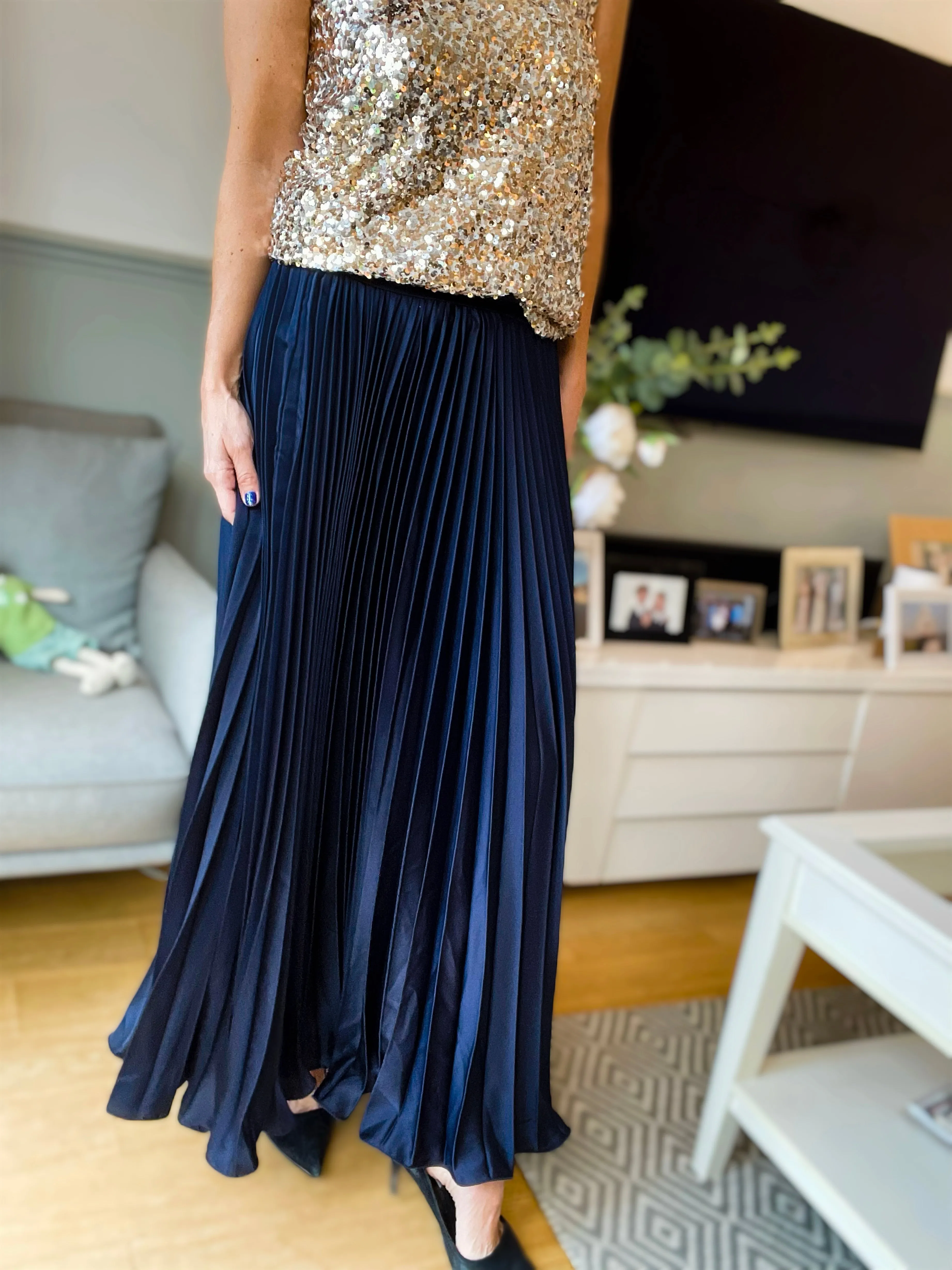 Navy Silky Pleated Skirt