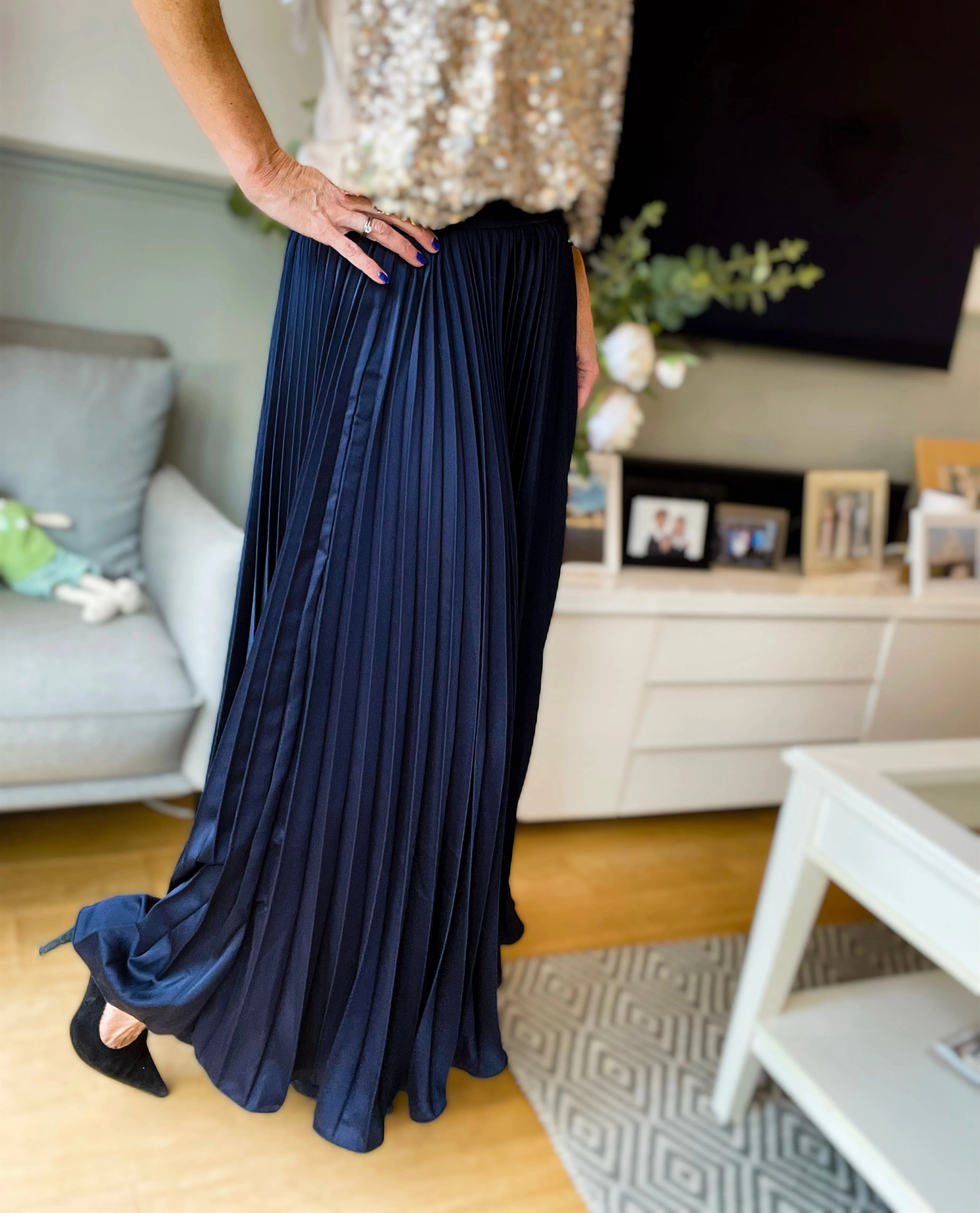 Navy Silky Pleated Skirt