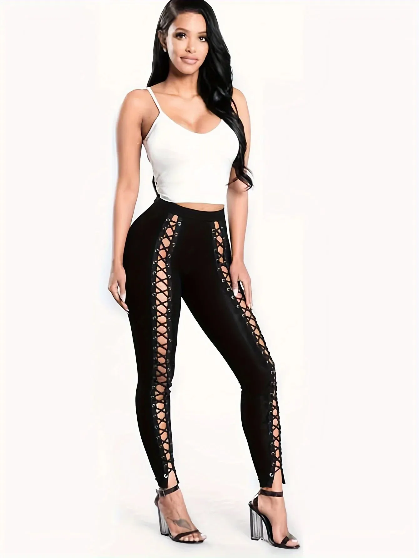 New Women's Patchwork Nine-point Front Lacing Straps Sexy Tight Black Leggings