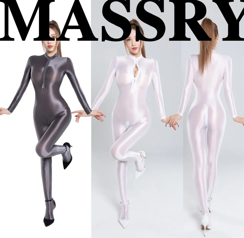 Oily Glossy Elastic Tights Zipper Open Crotch Full Body Jumpsuits See Through Bodysuits Women Smooth Bodycon Romper Jumpsuit